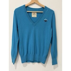 Hollister V-Neck‎ Sweater Womens Medium Blue Cotton VTG Y2K Academic Preppy